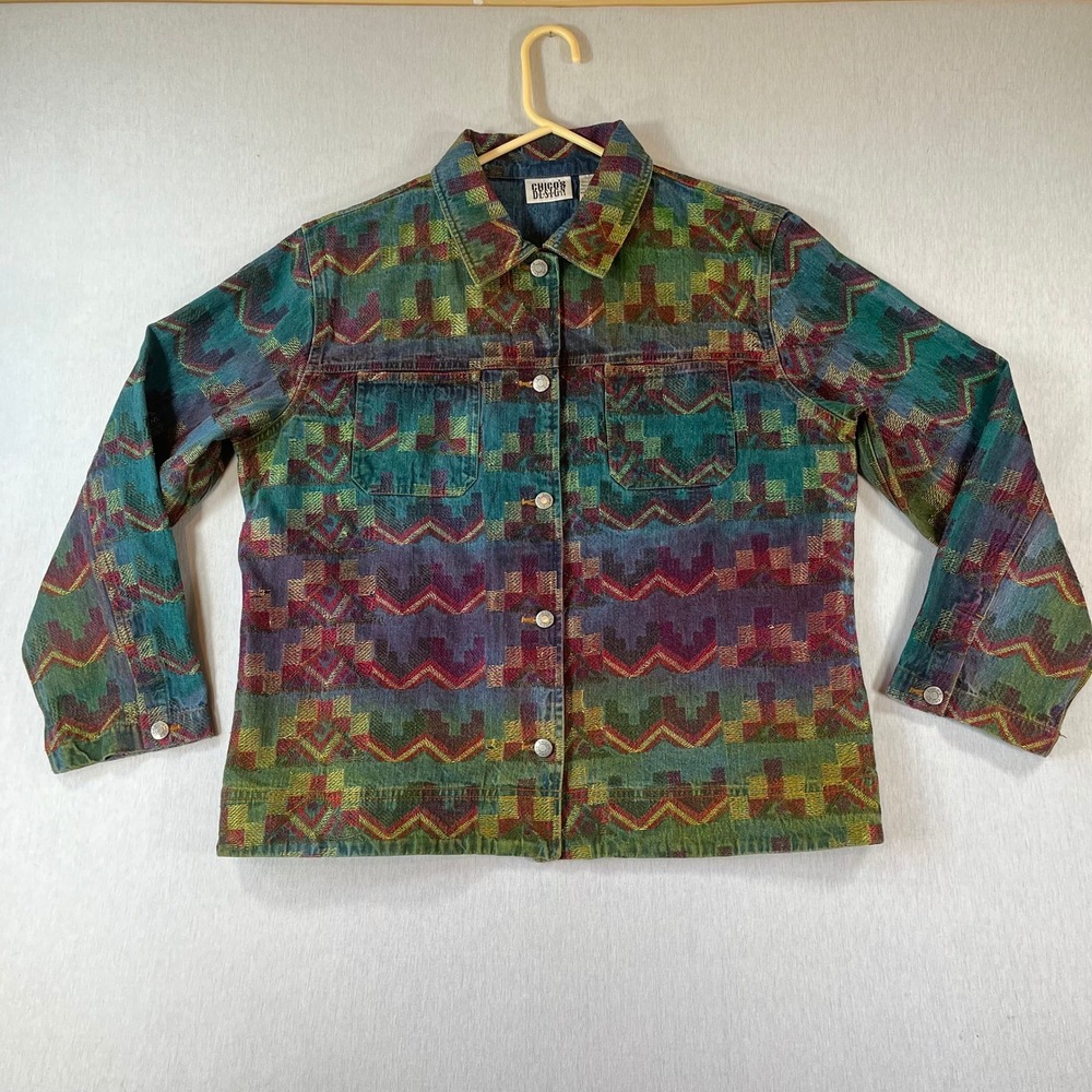 Chicos Design Denim Jacket Size 3 Southwestern Embroidered Multi Color BOHO